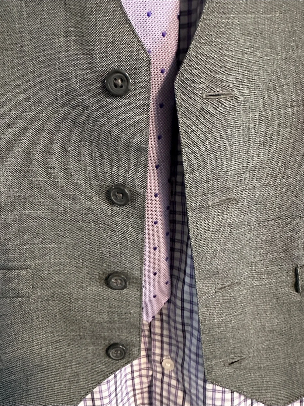 Van Heusen Gray Vest with Lavender Check Shirt and Lilac Tie Size 10